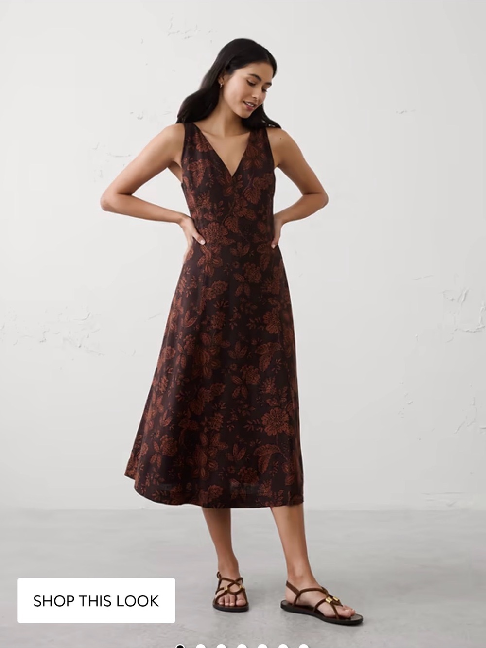 NWT Banana Republic Factory Linen Brown Floral V-Neck Midi Dress